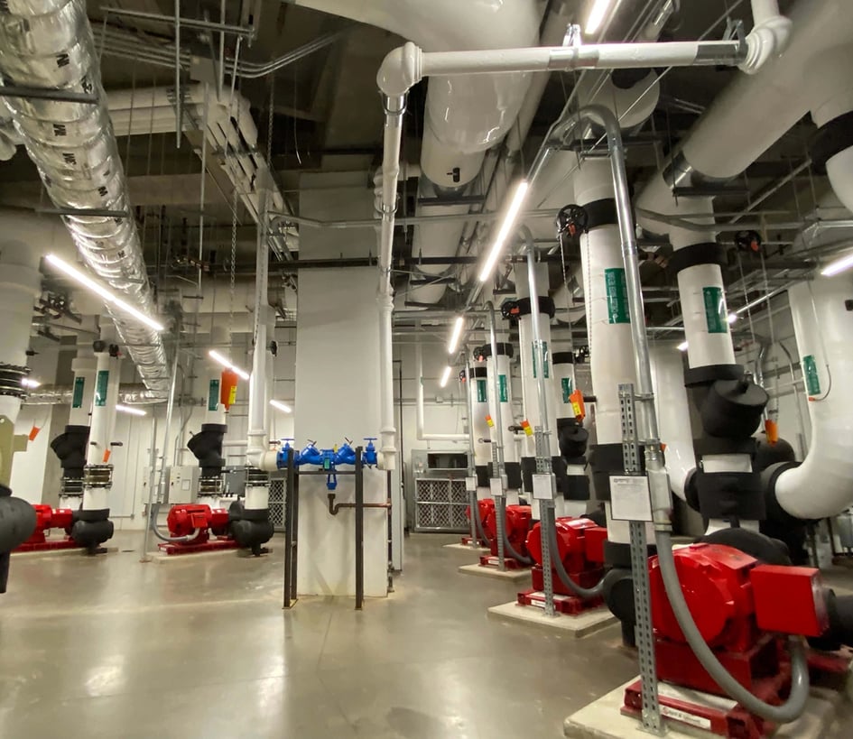 Mechanical room, central utility plant in large commercial building